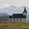 Ingjaldsholl church and Snaefellsjokull, Snaefellesnes Peninsula, Iceland