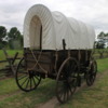 Walla Walla -- Oregon Trail at Whitman Mission: Replica of one of the pioneer's wagons sits on the historic Oregon Trail.