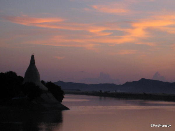 Burma: Irrawaddy River at Sunset.