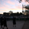 The nuns are photographing the Eiffel Tower at dusk