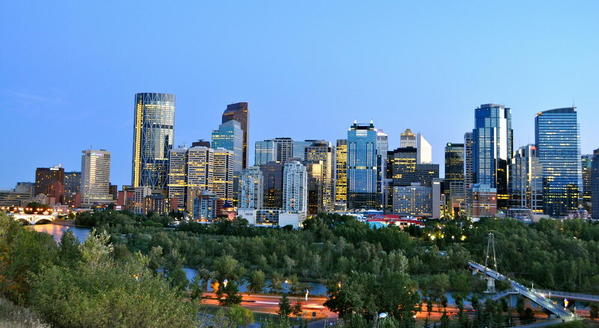 Evening view of downtown Calgary, taken from the Calgary Peace Bridge