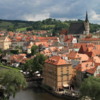 Cesky Krumlov.  Town overview and River Vltava