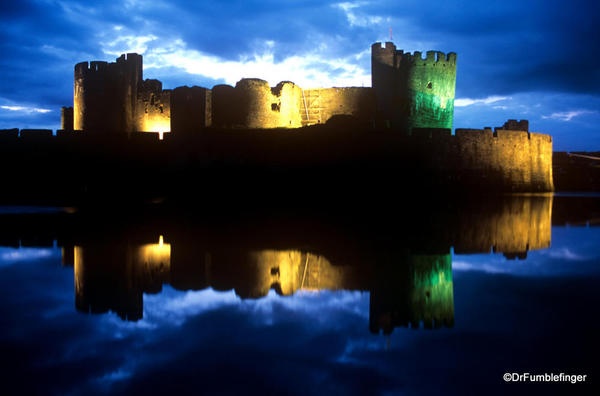 Caerphilly Castle, Wales. Lite up at night