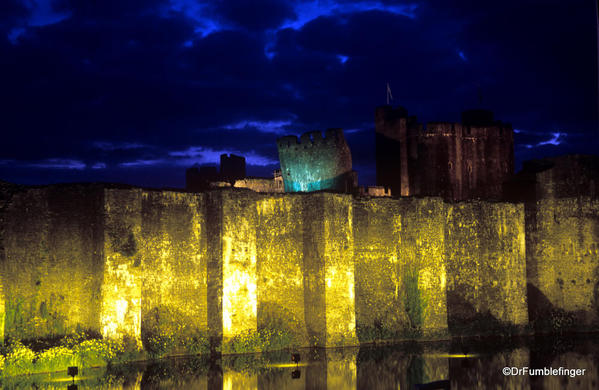 Caerphilly Castle, Wales. Lite up at night