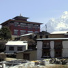 Tengboche Monastery, Nepal: The distinctive peak of Ama Dablam is its right, the peak of Everest in the distance to its left