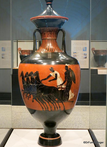 Getty Villa. Greek pottery Prize vase with olive oil 350 bc