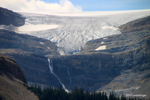 Bow Glacier Falls seen at a distance, draining Bow Glacier.