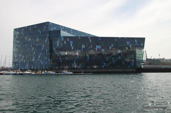 Harpa viewed from a boat in the harbor, Reykjavik, Iceland