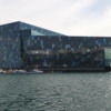 Harpa viewed from a boat in the harbor, Reykjavik, Iceland