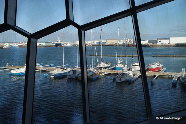 Looking at Reykjavik harbor from interior of Harpa