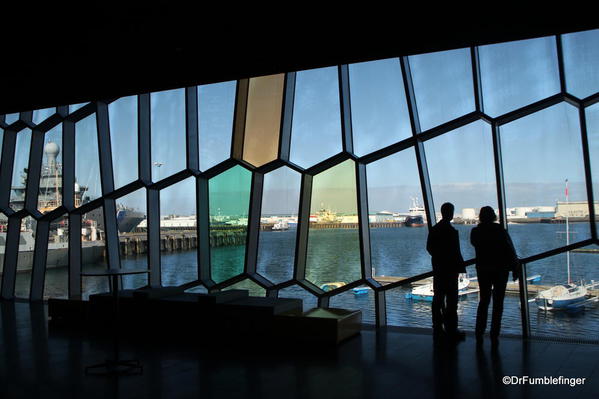 Looking at Reykjavik harbor from interior of Harpa
