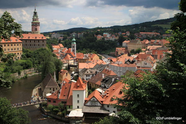 Cesky Krumlov. Town overview including castle and River Vltava