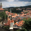 Cesky Krumlov.  Town overview including castle and River Vltava