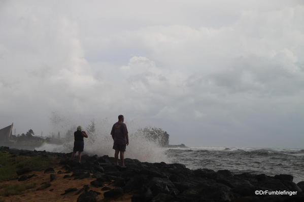 Hurricane Ana approaches Kauai's southern shore near Kekaha. Note the spray over the breakwater