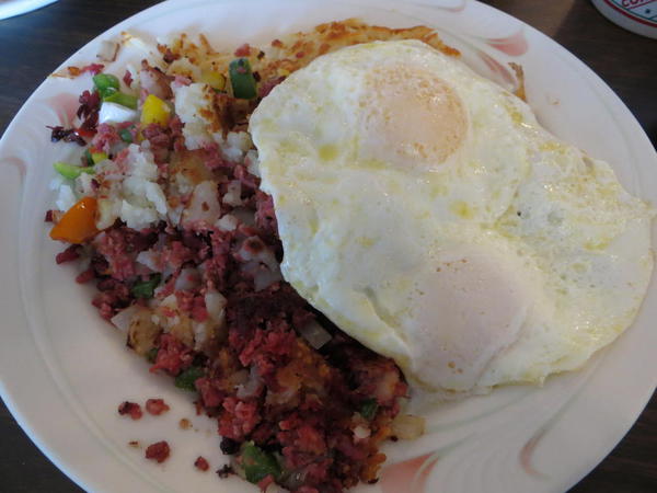 Corned beef hash, hash browns and eggs over medium. Mary's Hash House, Las Vegas
