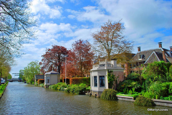 Historic tea houses line a canal in Edam.