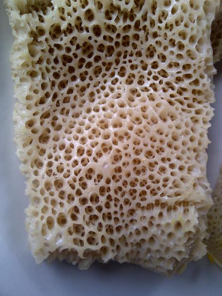 Close up of Spongy or Bubbly appearance of Injera
