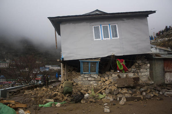 Building Damaged by Earthquake in Namche Bazaar. Courtesy Wikimedia and Niklassletteland