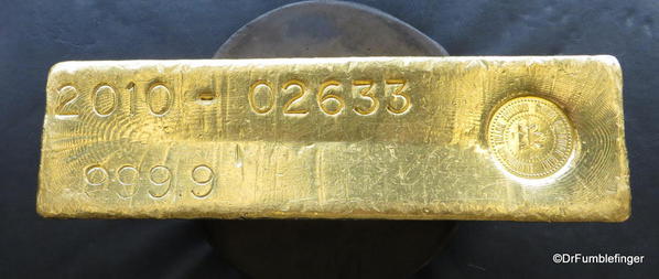 Solid gold bar on display at the Winnipeg Mint