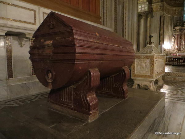 There are many coffins in halls in the Monreal Cathedral