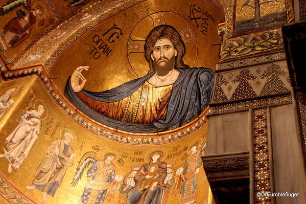 Beautiful mosaics behind the altar, Monreal Cathedral, Sicily