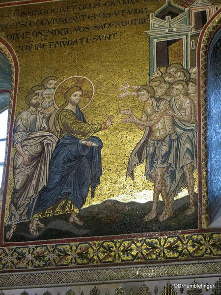 Detais of Jesus healing the lepers mosaic, Monreal Cathedral, Sicily