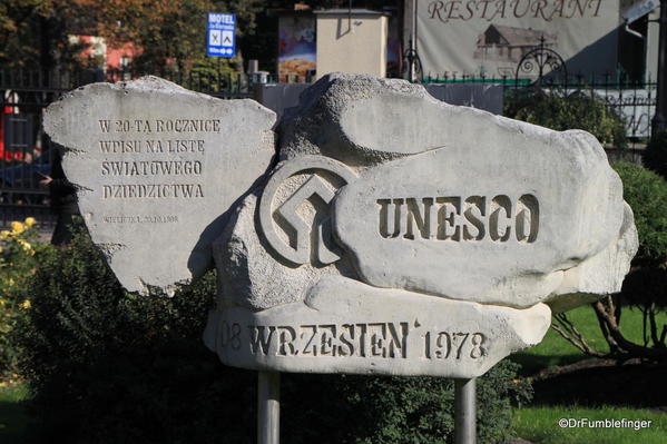 Wieliczka Salt Mine. UNESCO sign outside the mine's entrance.