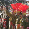 Border Officers at the Wagah Border flag lowering ceremony, India &amp; Pakistan