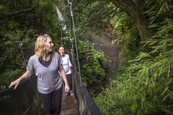 Costa Rica Rincon de la Vieja Waterfall Suspension Bridge Female Travellers