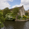 Moat and buildings.