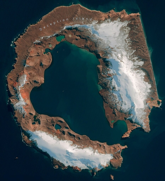 Deception_island Courtesy European Union, Copernicus Sentinel-2 imagery and Wikimedia.