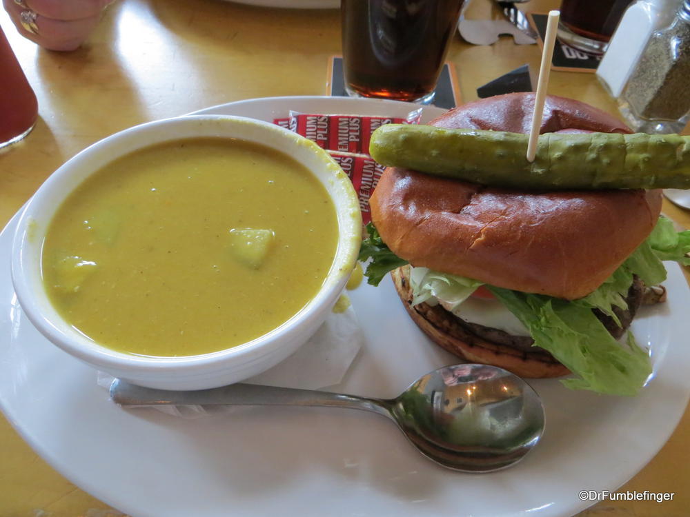 Lunchtime!  Bison burger and Mulligatawny soup.  Very nice on a cold day
