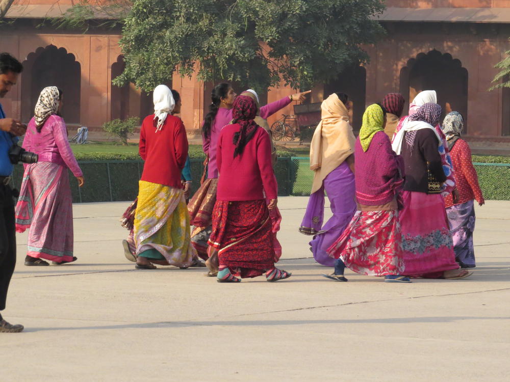 Colorful group of women entering the Taj Mahal, Agra