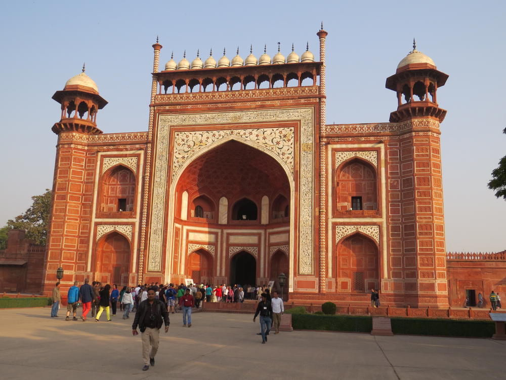 Outer entry to the Taj Mahal is made of the same red sandstone the Agra Fort is