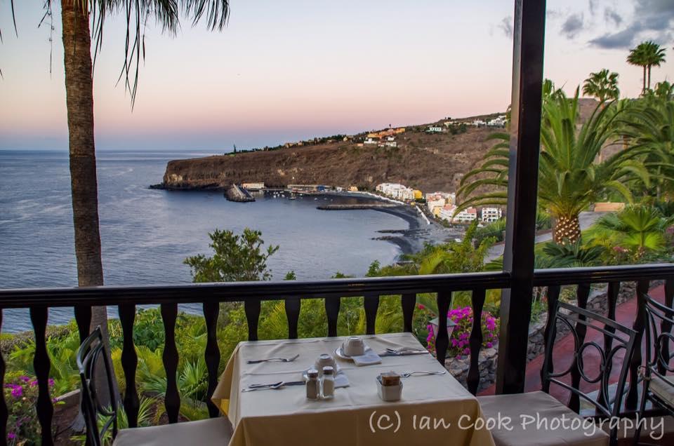 Restaurant terrace, Hotel Jardin Tecina, Playa de Santiago, Gomera, Canary Islands, Spain. Taken just before sunrise