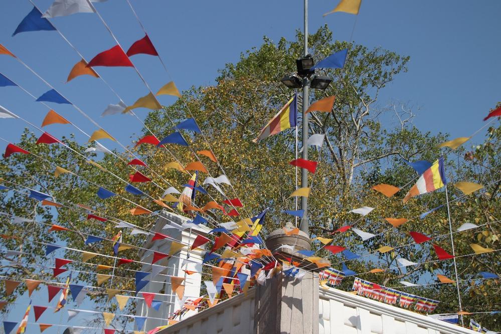 Colorful Buddhist prayer flags at the Sacred Bodhi tree site, Anuradhapura