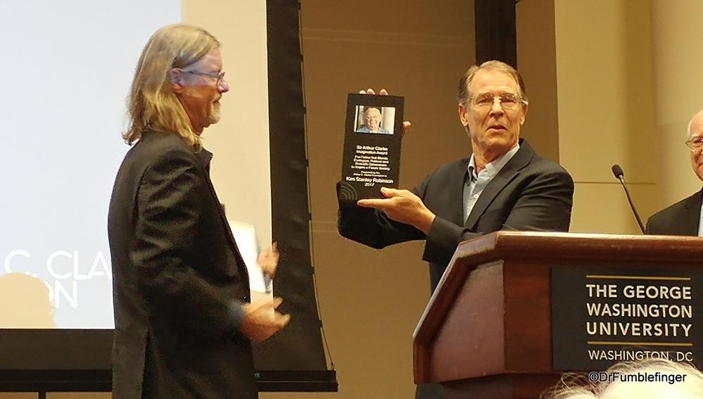 Science fiction writer Kim Stanley Robinson receiving the Arthur C Clarke 2017 Impact of Imagination Award