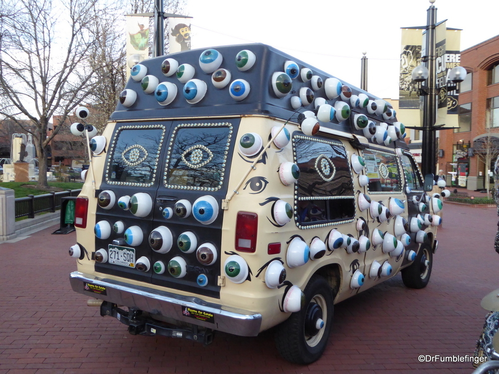 "Spotted on the Road".  The eyeball van, Pearl Street, Colorado