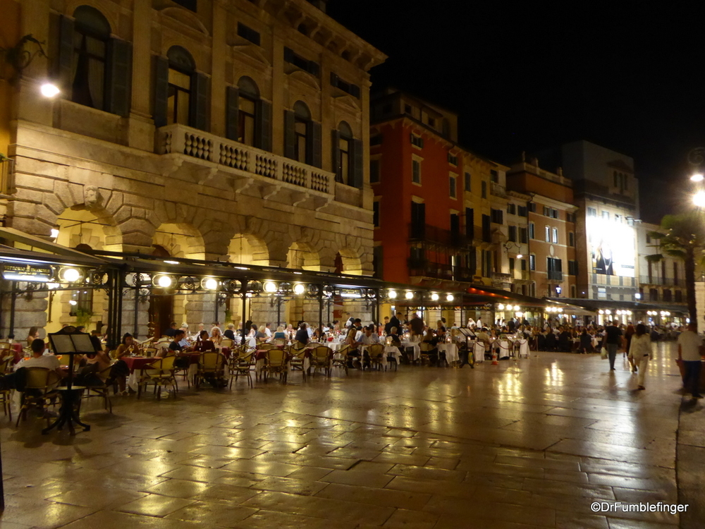 Nightime is lively at the restaurants surrounding Piazza Bra, Verona