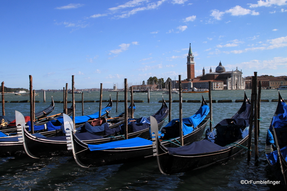 Gondolas in Venice, with a distant view of San Giorgio Maggiore