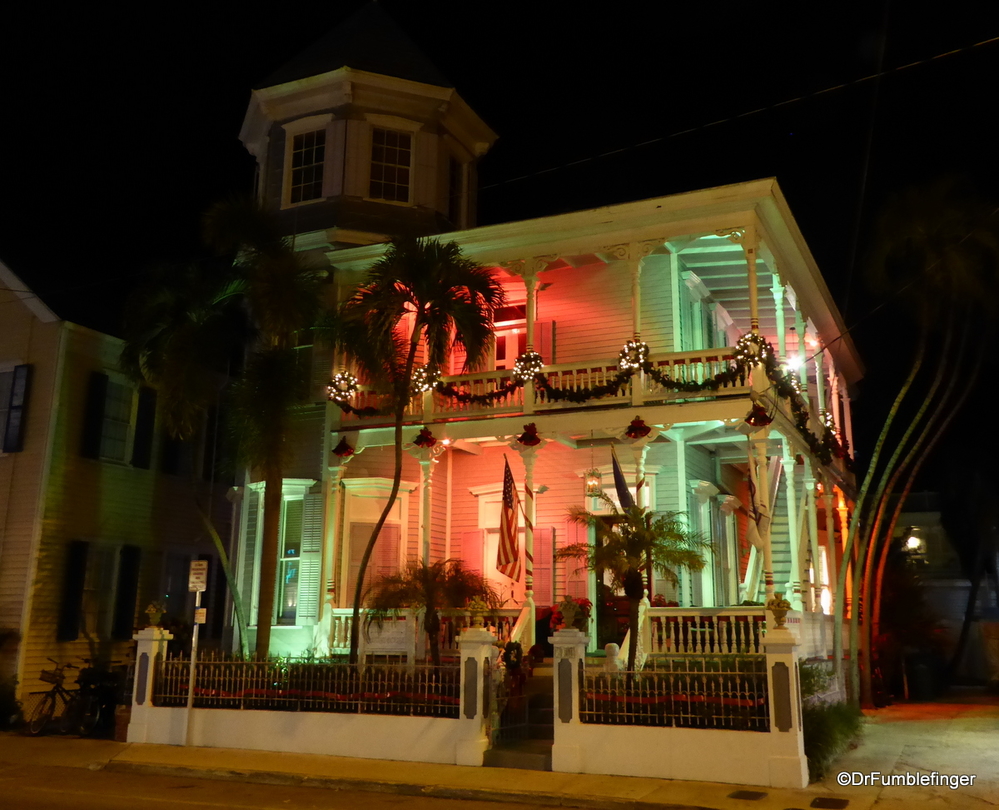 Colorful Christmas themed lighting of home in Key West
