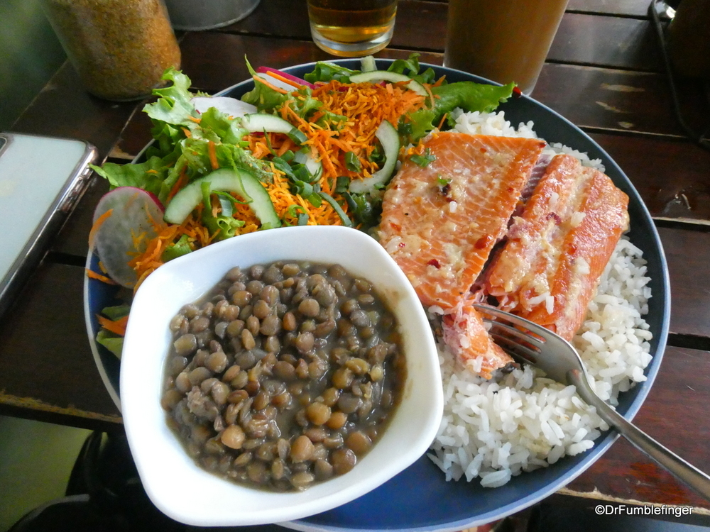 Nice dinner of salad, smoked trout, rice and lentils, Costa Rica