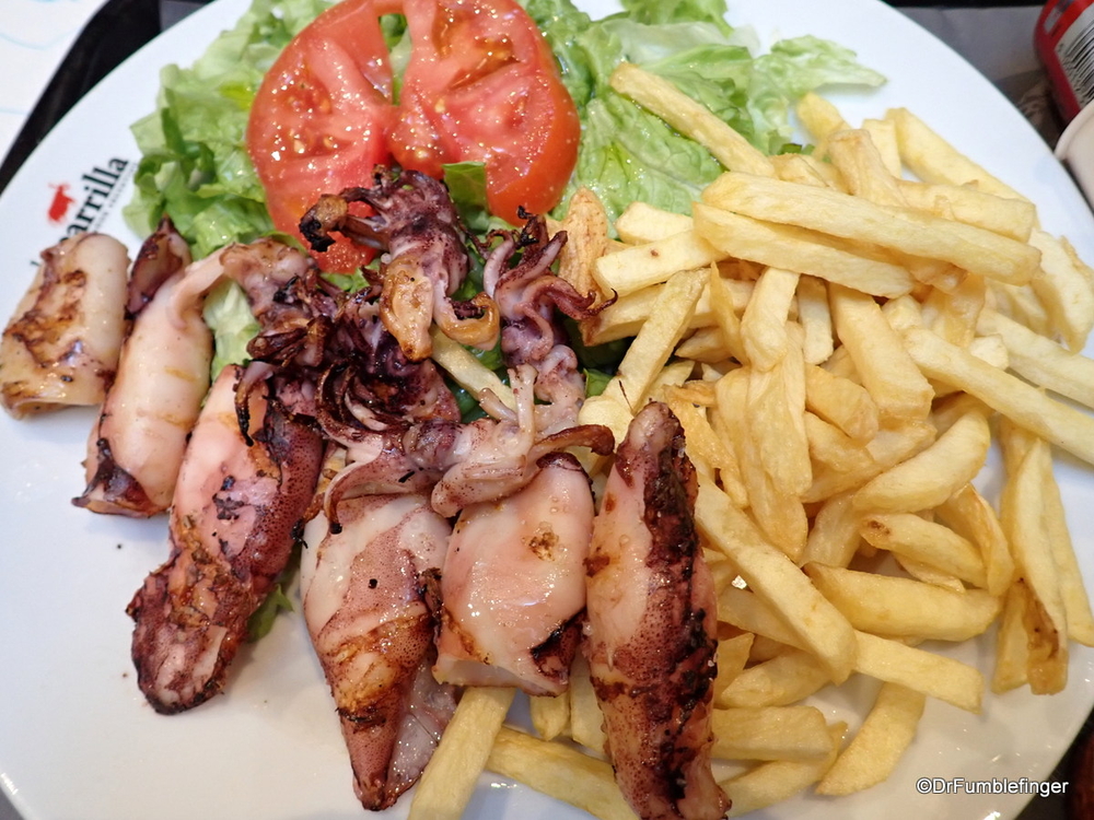 Grilled calamari, with fries and salad, Lisbon